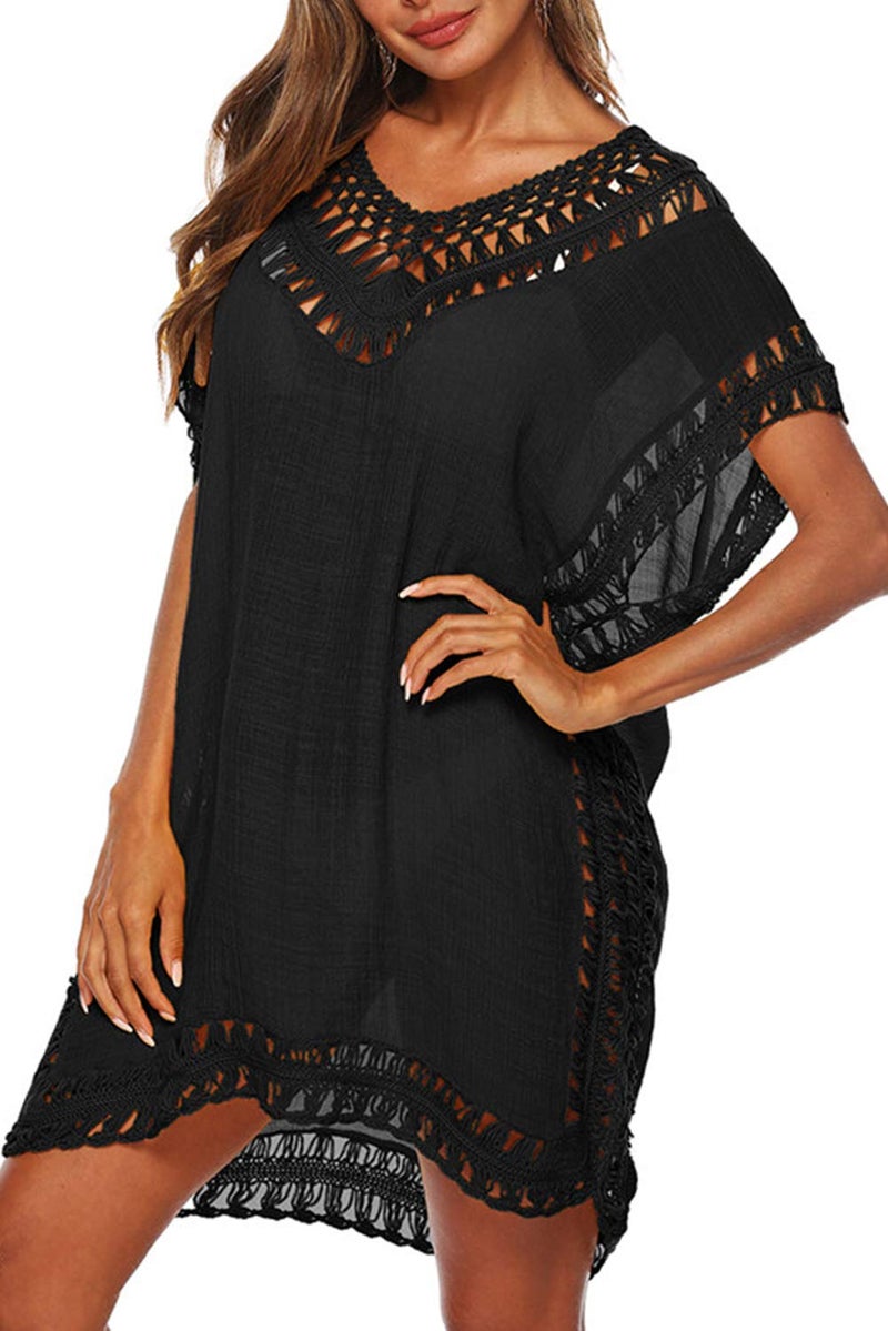 Adisputent Swimsuit Cover Ups for Women Black Chiffon Beach Wear Mesh Tassel Crochet Bathing Suits Coverups Swimwear Dress, Black - Image 1